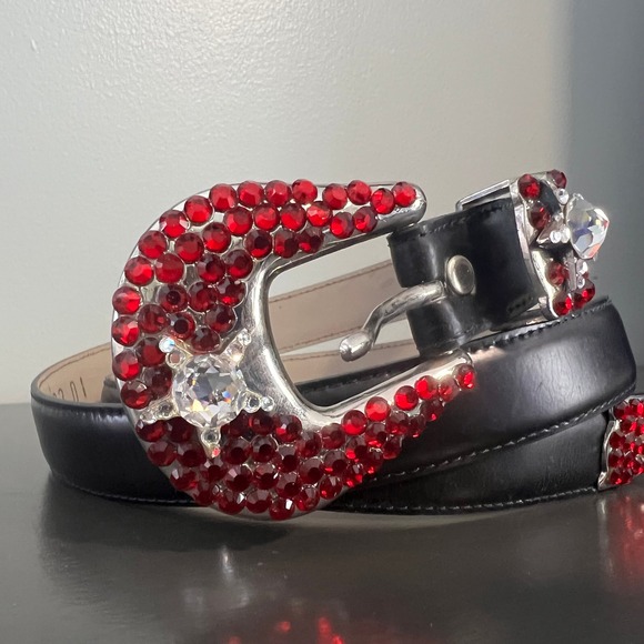 Simon‎ Italy Black Leather Red Rhinestone Western Glam Belt XL Crystal Star rock main image 7